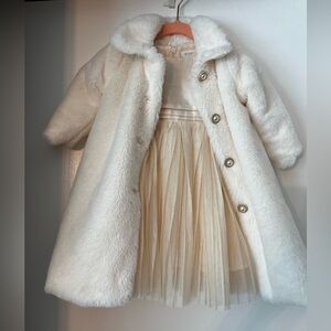 Champagne pleated toddler special occasion dress with faux fur coat 18m